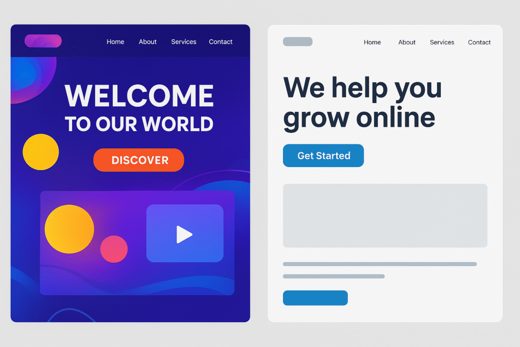 Split-screen comparing a flashy, chaotic website to a clean, conversion-focused layout.