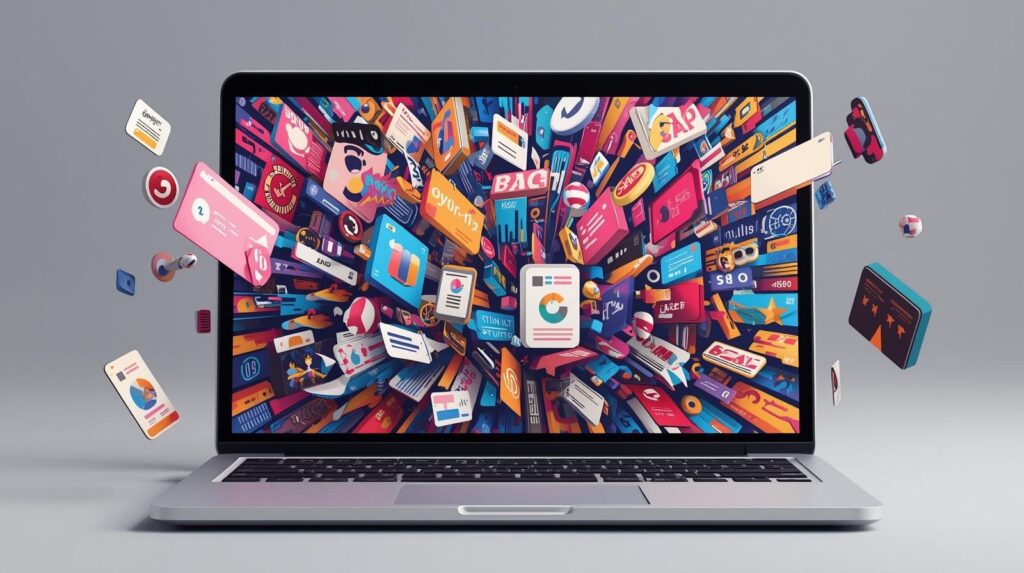 Laptop screen showing a flashy, animated website filled with pop-ups and cluttered visuals.