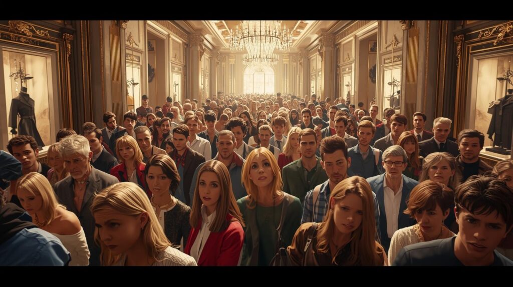 Luxury boutique filled with bargain shoppers looking confused, representing the wrong target audience.