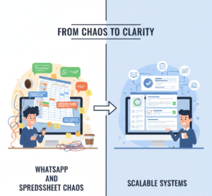 Split illustration showing messy WhatsApp chats and spreadsheets transforming into organized automated business systems.