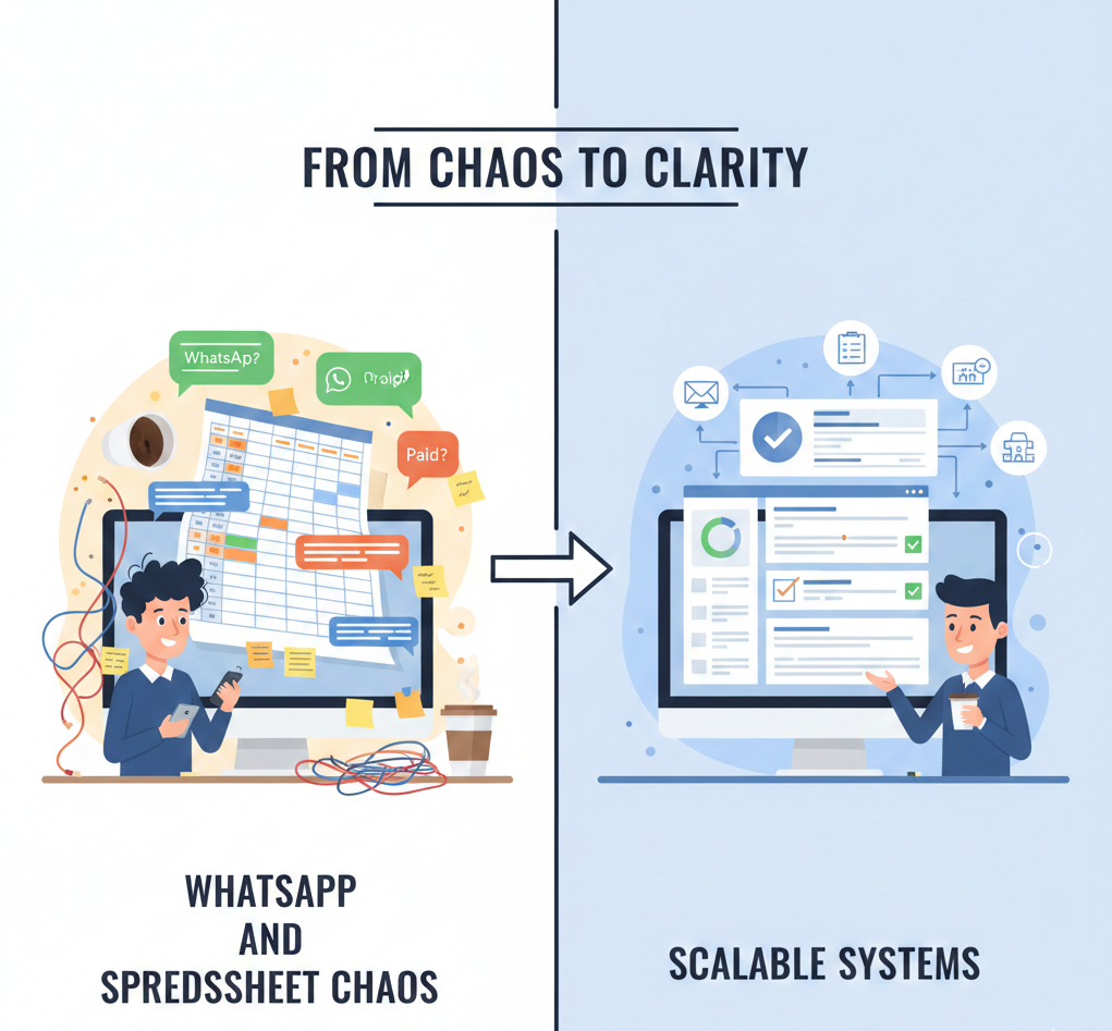 Split illustration showing messy WhatsApp chats and spreadsheets transforming into organized automated business systems.