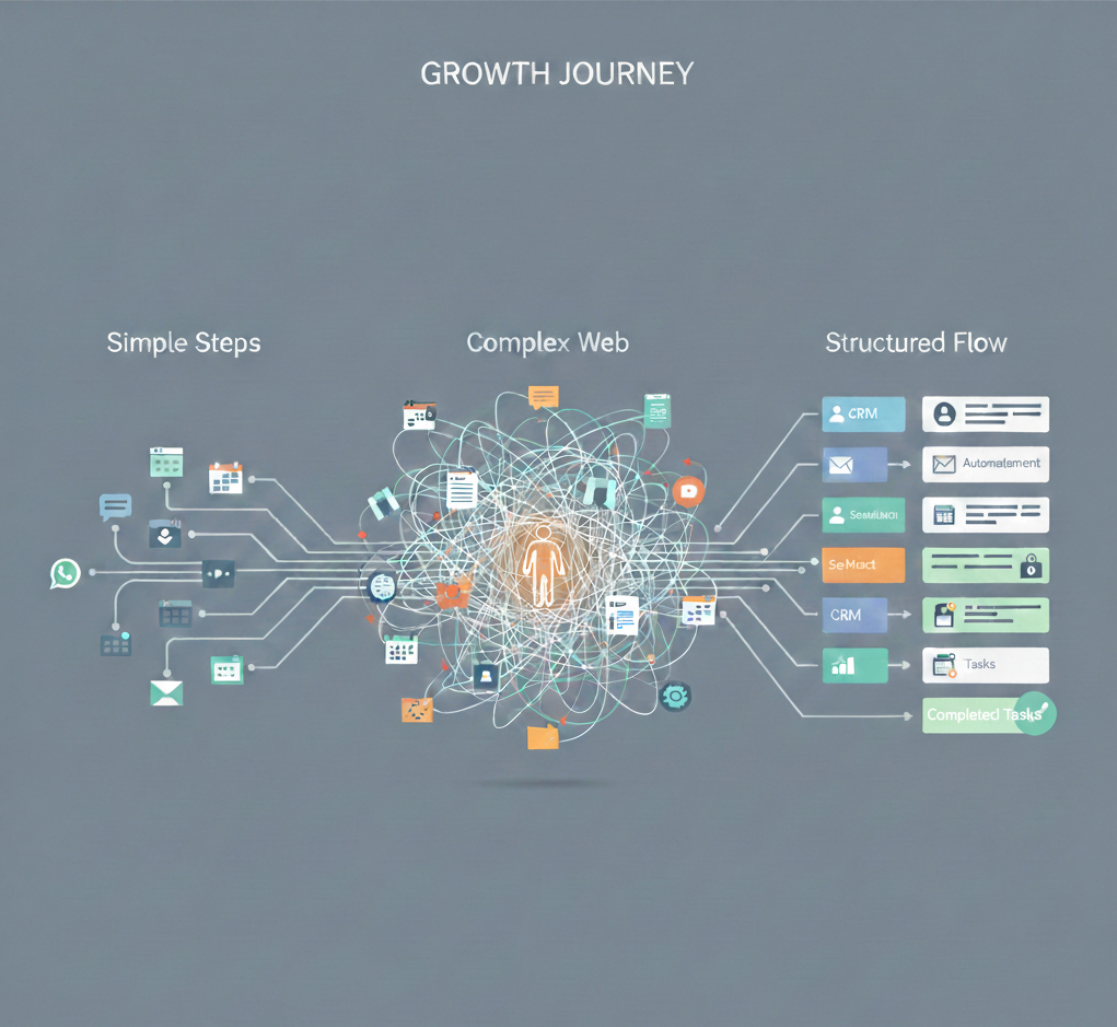 Illustration of growing business complexity organized by scalable workflow systems.