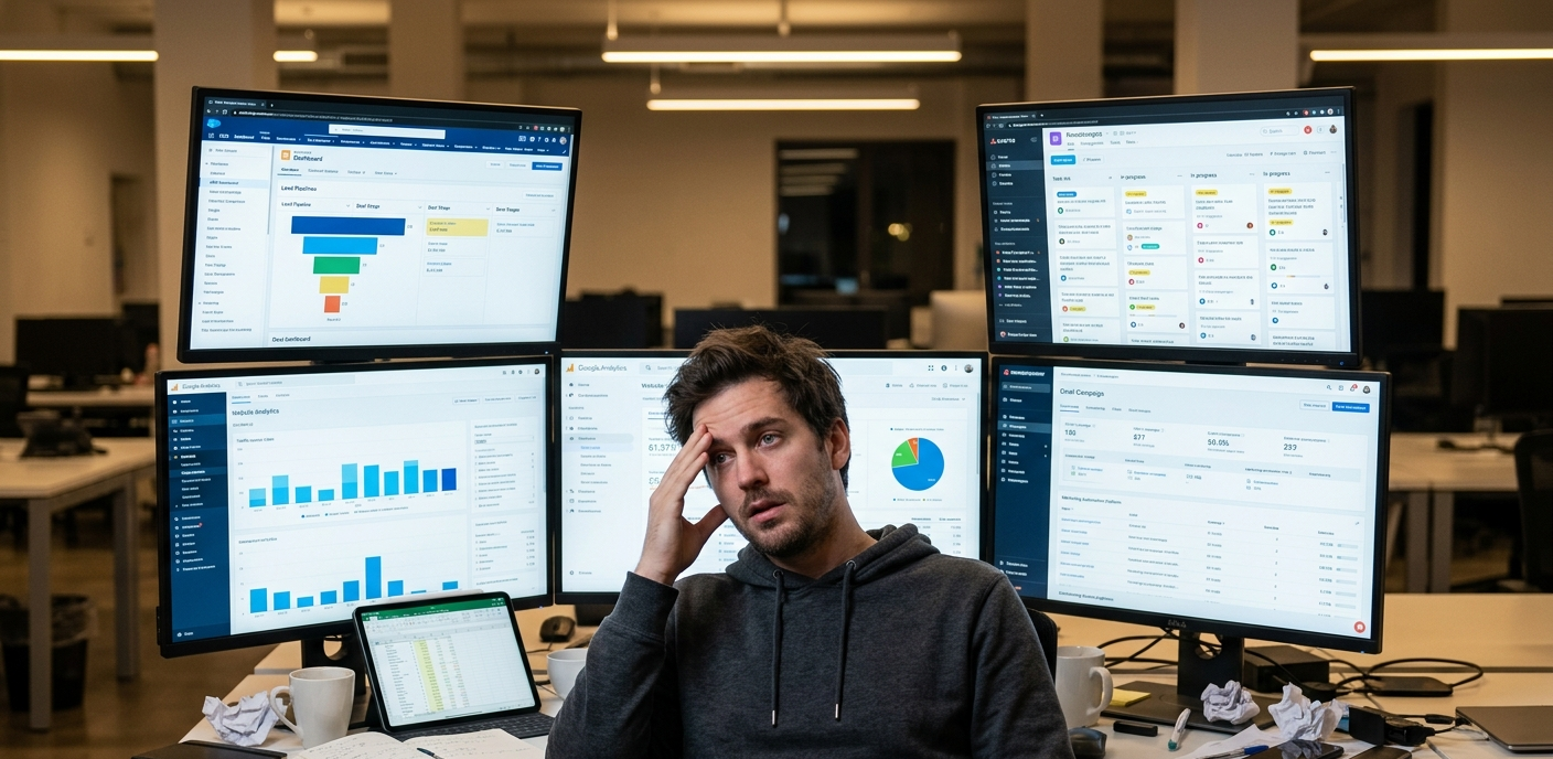 Founder surrounded by overlapping SaaS tool dashboards experiencing decision paralysis