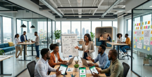 African business team collaborating in a modern office, working across digital and manual workflows, build vs buy decisions using laptops and mobile devices, representing real-world technology adoption and operational decision-making.