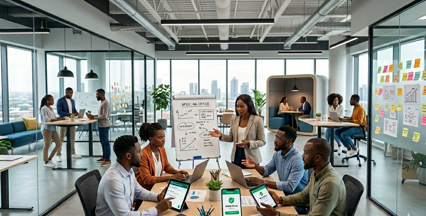 African business team collaborating in a modern office, working across digital and manual workflows, build vs buy decisions using laptops and mobile devices, representing real-world technology adoption and operational decision-making.