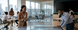 A team of professionals in a modern office collaborates around a large, interactive digital table displaying a glowing AI network diagram, with the text "BUYING AI VS ADOPTING AI" centered clearly in the foreground.